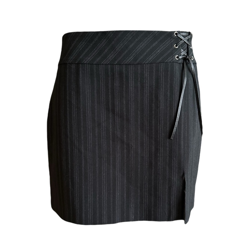 Vintage Black Pinstripe Mini Skirt With Lace-Up Detail Size 11
